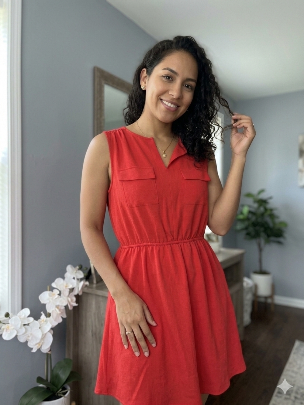 Monteau Los Angeles Sleeveless Red V-Notch Elastic Waist Mini Dress